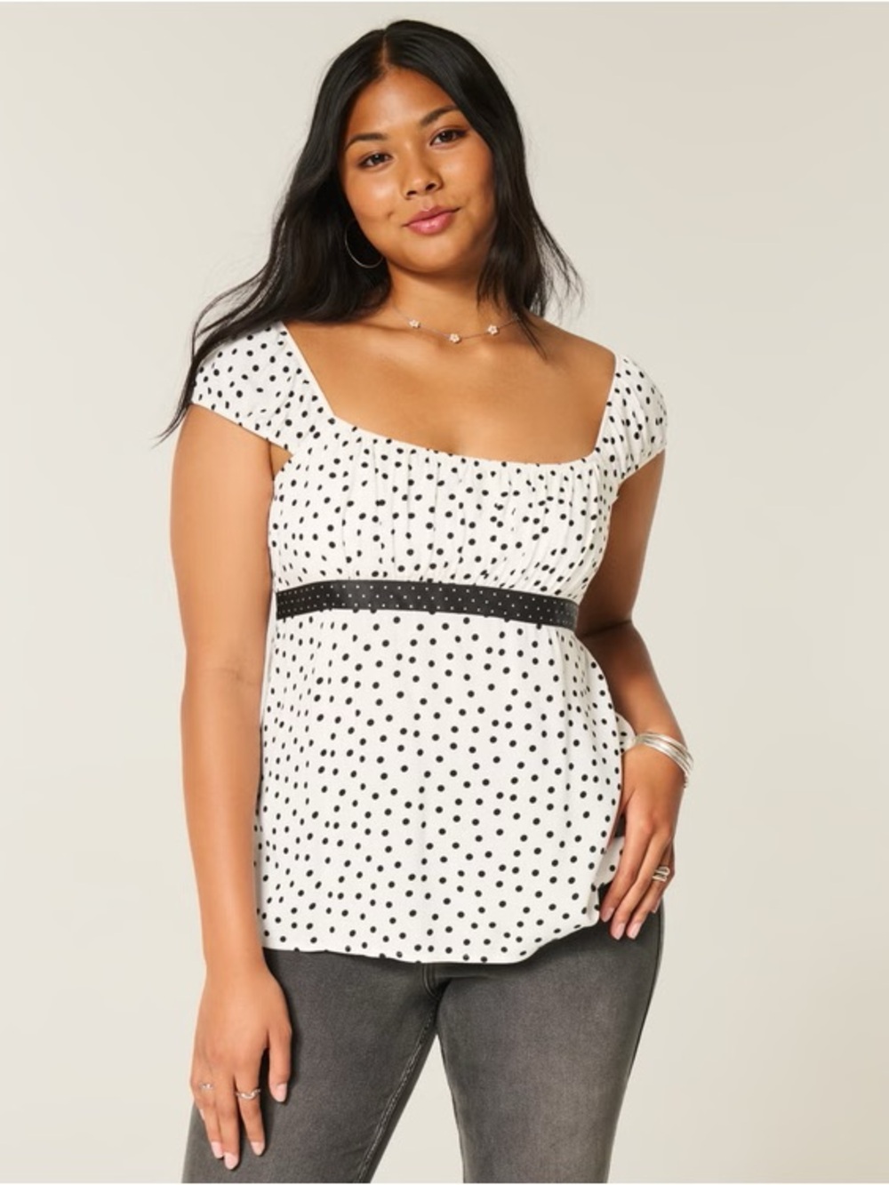 Hollister White Polka Dot Square Neck Peplum Top with Black Band